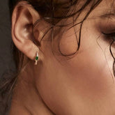 Pair Of 925 Sterling Silver White CZ With Green Bezel Baguette Gem Minimal Hoop Earrings